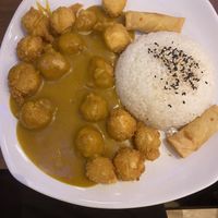 Tofu katsu curry with spring rolls  at Little Boba Cafe in Sheffield