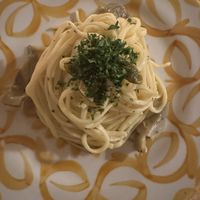 Pasta, artichoke, caper chips  at V'italian in Copenhagen