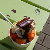Vegan frozen soy yoghurt with dark chocolate sauce, pineapple, honeydew melon and strawberries at YOMARO in Dortmund