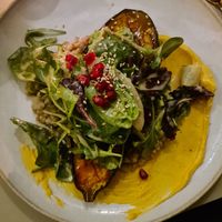Miso Glazed Aubergine on creamy butternut at Gratitude Restaurant in Munich