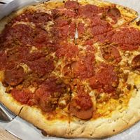 Vegan pepperoni & Italian sausage with vegan cheese!  at Congress Pizza in Ishpeming