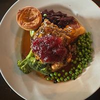 Vegan nut roast with peas, spinach, cabbage, cranberry sauce, carrots, broccoli, vegan Yorkshire pudding,   at The Lamplighter in Northampton