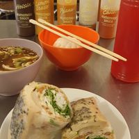 Caramelised tofu roll, miso soup and veg bun. With their homemade lemonade. at Knees to Chin  in Brussels