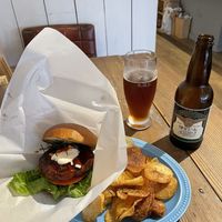 Gammo teriyaki burger with potato chips and beer (came to ¥2760 at time of writing)  at Luna Burger  in Kamakura