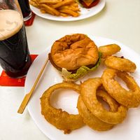 Vegan Fish Burger + Onion Rings + drafted Guinness Beer   at Smyth's Fish and Chips in Calpe