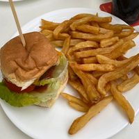 Vegan beef cheeseburger + chips  at Smyth's Fish and Chips in Calpe