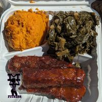 Sweet potato, collard greens, BBQ ribs at Dodah's Kitchen in Waldorf