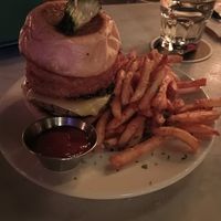 Bacon jam + Onion rings+ gruyere cheese burger at Fortune in Portland