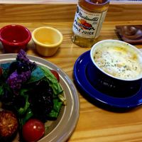 Falafel salad (small but very nice) and garlic chickpea mashed potatoes covered in a thick layer of melted cheese at Jack's Bean in Seoul