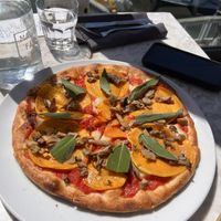 Vegan butternut squash pizza with no honey, added mushrooms.   at Malibu Farm Tiburon in Tiburon