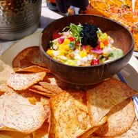 Vegan coconut ceviche with taro chips at Malibu Farm Tiburon in Tiburon