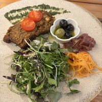 Vegan meatloaf with salad, olives, and pickled veggies   at Hiroshima Neighborly Brewing in Hiroshima