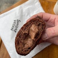 This is the “W Chocolate” donut and the chocolate cream filling was sooooo good. おいしかった  at Sunday Vegan in Tokyo