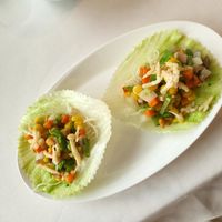 Stir fried vegetables w sweet corn and pine nuts in lettuce at Lung King Heen in Hong Kong Island