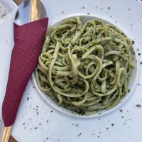 Pesto linguini, tasty!  at Mpogiata - Μουσική Μπογιατα in Afytos
