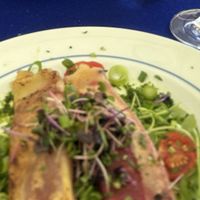 Blurry photo, but you can see the beet filled crepes on a salad.   at Zum Franziskaner in Munich