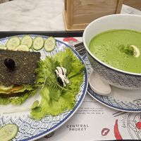 Raw burger and spinach soup at Healthy Mania - Central Floresta in Phuket