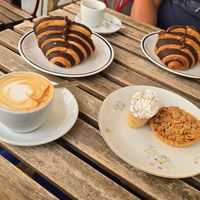 Chocolate croissants and two sweet cakes at 4 Amici al Bar in Livorno