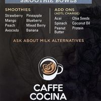 Smoothie bowl menu  at Caffe Cocina Coffee Roasting Co. in Poulsbo