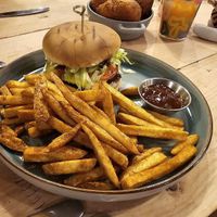 The Green Ting burger with spiced fries at JAH JAH  in Ramsgate