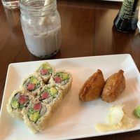 vegan tuna roll + inari and almond milk boba tea   at Mola in Pittsburgh