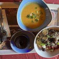 Sweet potato soup with vegan yogurt, hummus and roasted veggie bowl with vegan meatballs and vegan chocolate doughnut   at Europa Park - SPICES - Cuisines du Monde in Rust