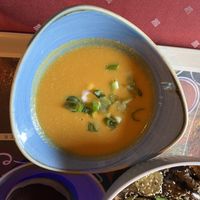 Sweet potato and coconut soup with vegan yogurt and leeks   at Europa Park - SPICES - Cuisines du Monde in Rust