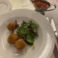 Arancini balls with spicy tomato sauce and salad (I asked for my sauce to be in a separate pot)  at Prima Donnas in West Wickham