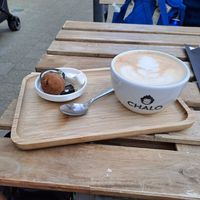 Chai latte (with non vegan cookie) at Oode in Oostende