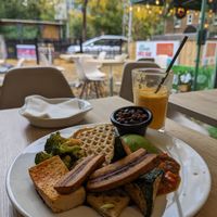 Buckwheat waffles with tofu, plantain, umami beans and mango salsa at Fed By Plants in South East London