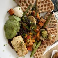 Buckwheat waffles with grilled tofu and roast veg  at Fed By Plants in South East London
