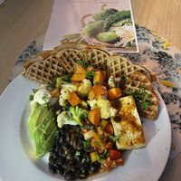 Buckwheat pancakes, tofu, beans, veg, avo and vegan mayo (£16.50)  at Fed By Plants in South East London