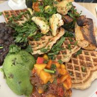 Buckwheat waffle with grilled tofu and roast veg  at Fed By Plants in South East London