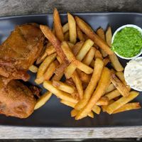 Tofish and chips with a dilly yogurt sauce and mushy peas at Fed By Plants in South East London
