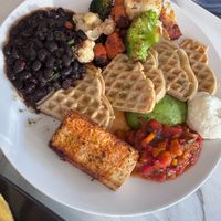 Buckwheat waffles + tofu & roast veggies at Fed By Plants in South East London