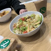 korean bowl, build ur own bowl with romaine, quinoa, avo, & tofu, and rise & grind shake, AND a vegan rice krispie treat omnomnomnomnom   at Crisp & Green in Bentonville