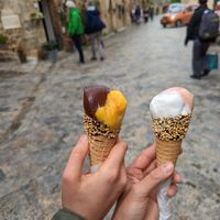 Dark chocolate, mango, lemon and strawberry at Gelateria Artigianale in Monteriggioni