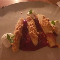 Dessert, strawberry and cream 'nudli' at TATI in Budapest