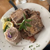 Vegan special-tofu steaks and veggies in a coconut cream saucee  at Frankie and Johnny's Natural Food in York Harbor