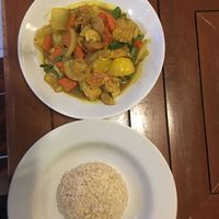 Tempeh with Yellow Curry Powder Stir Fry/เทมเป้ผัดผงกะหรี่ 140 at Anchan Vegetarian Restaurant in Chiang Mai