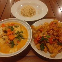 Panang curry and crispy mushrooms at Anchan Vegetarian Restaurant in Chiang Mai
