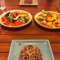 Amazing stir fry's with red rice at Anchan Vegetarian Restaurant in Chiang Mai