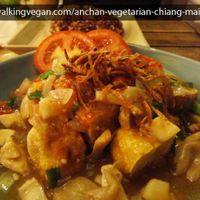 Deep fried Tofu in a Mushroom sauce at Anchan Vegetarian Restaurant in Chiang Mai