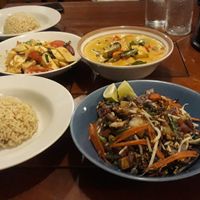 Panang curry, Spicy Tofu, Butterfly pea Pad Thai (Amazing..!) at Anchan Vegetarian Restaurant in Chiang Mai