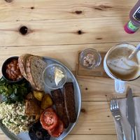 Vegan fry up and oat latte  at Fara in Glastonbury