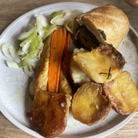 Roast salted celeriac wellington with roast pots and veg - gravy added after photo!  at The Bear of North Moreton in Didcot