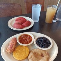 Bijao Breakfast: Corn tortilla, flour fritter, vegan carimañola, creole sauce & black beans (the empanadas are not included) at El Trapiche - Albrook Mall in Panama City