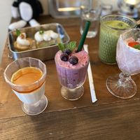 Parfait, matcha soy latte, fruit shake, panna cotta, and assorted pastries   at Bugoro All Vegan in Fukuoka