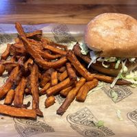Chicken sandwich with sweet potato fries   at The Pharmacy Burger in Nashville
