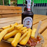 Vegan currywurst with fries at Kiosk im Neandertal in Mettmann